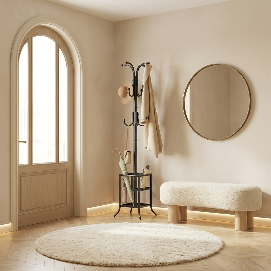 Metal Freestanding Coat Rack Stand with 12 Hooks & Umbrella Storage Base – Multi-Hook Garment Holder for Hallway Entryway Bedroom
