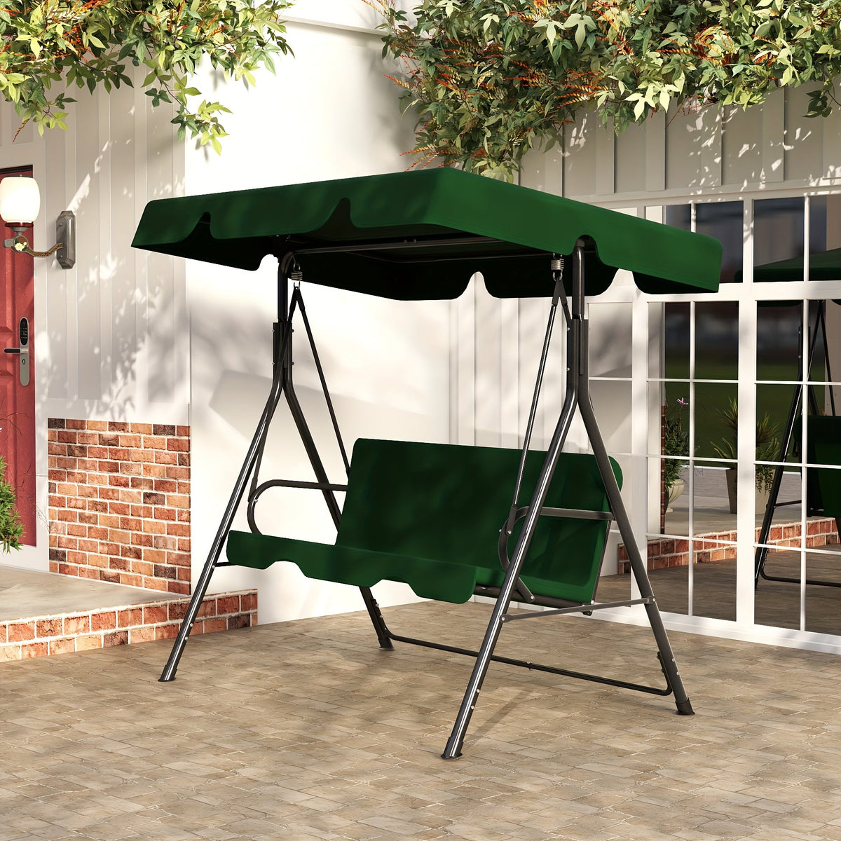 Outdoor Porch Swing Glider with Canopy & Adjustable Bracket, Heavy Duty Frame Patio Swing for Adults, Backyard Lawn Garden Furniture, Black Beige Coffee Brown Red Green Blue