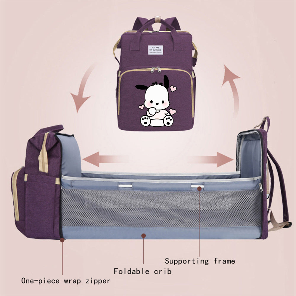 Cute Cartoon Puppy Print Diaper Backpack, Large Capacity Baby Bag for Daily Travel & Outdoor Activities, Stylish Mom & Dad Baby Bag, Black Purple & Grey