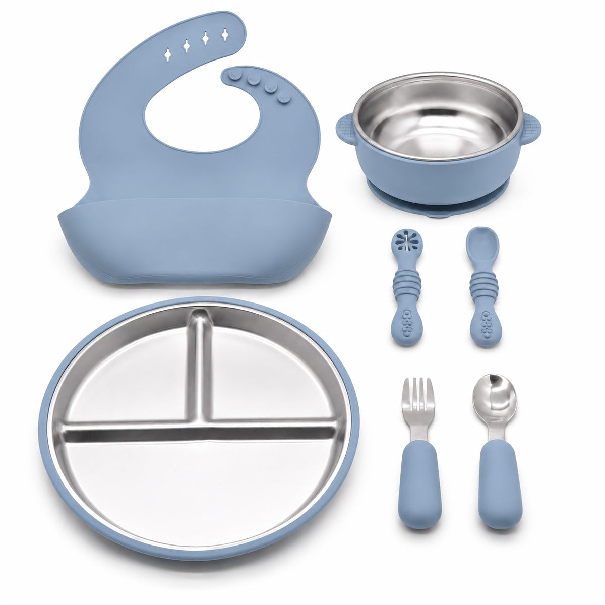 7-Piece Baby Feeding Set Stainless Steel Divided Suction Plate Removable Bowl Adjustable Bib Spoon Fork Self-Feeding Toddler Utensils