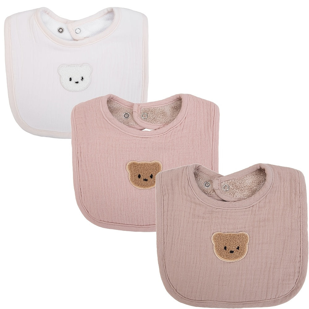 Muslin Baby Bibs Set of 3, Soft Gauze Bear Bandana Drool Bib with Absorbent Pocket for Newborns & Infants, Feeding Burp Cloth for Boys & Girls, Baby Shower Gift