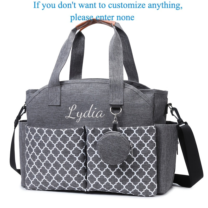 2-in-1 Custom Embroidered Diaper Bag, Personalized Alphabet Quilted Handheld & Crossbody Travel Bag for Mom & Dad, 4 Font Styles, Navy Blue & Grey