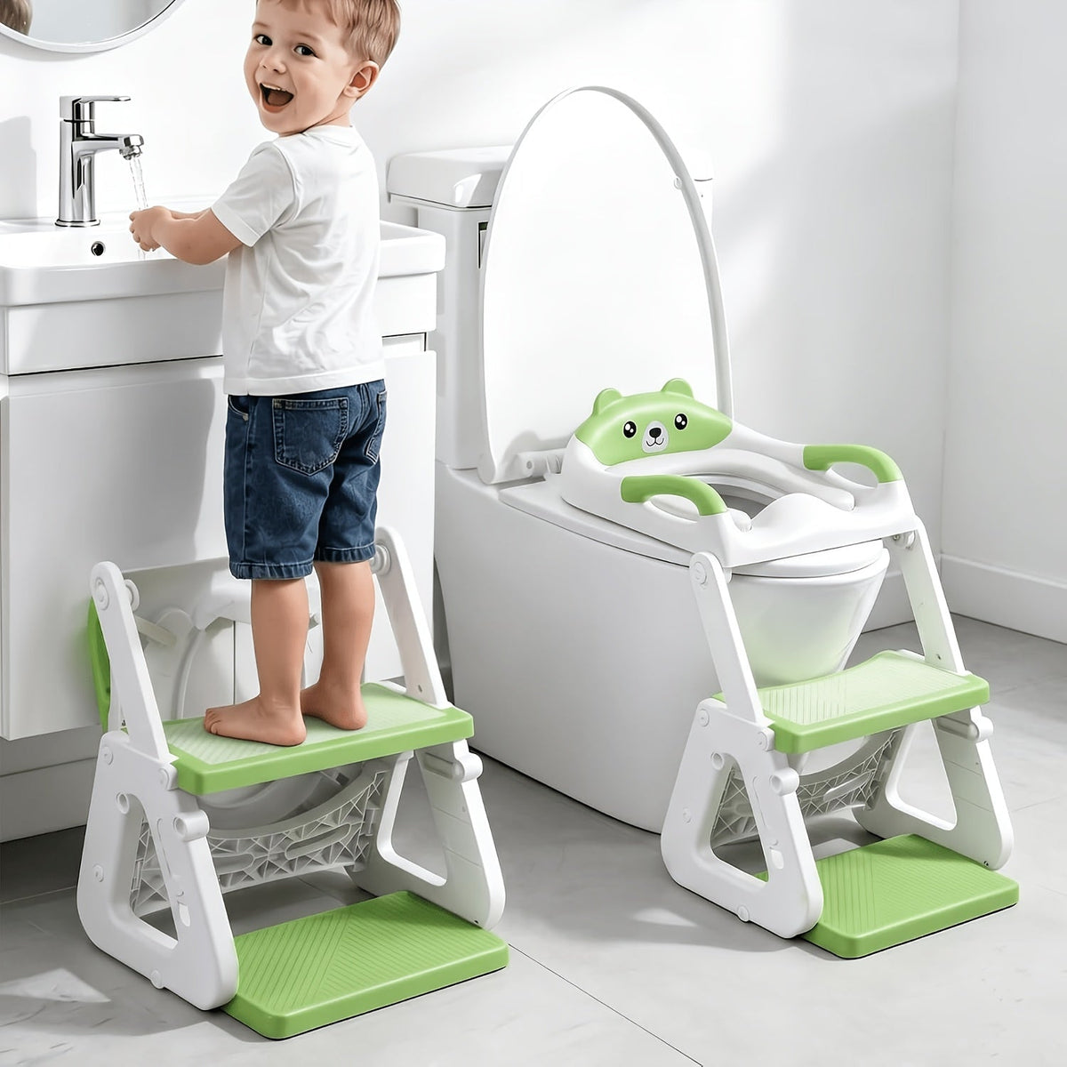 2-in-1 Adjustable Potty Training Toilet Seat with Step Stool for Toddlers, Stable Anti-Slip Potty Seat with Splash Guard for Boys & Girls, Grey White Green & Blue Options