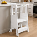 3-Level Adjustable Wooden Kitchen Step Stool with Safety Rail & Anti-Tip Support for Kitchen & Bathroom – White Black & Grey