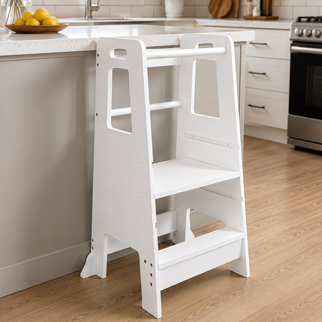 3-Level Adjustable Wooden Kitchen Step Stool with Safety Rail & Anti-Tip Support for Kitchen & Bathroom – White Black & Grey