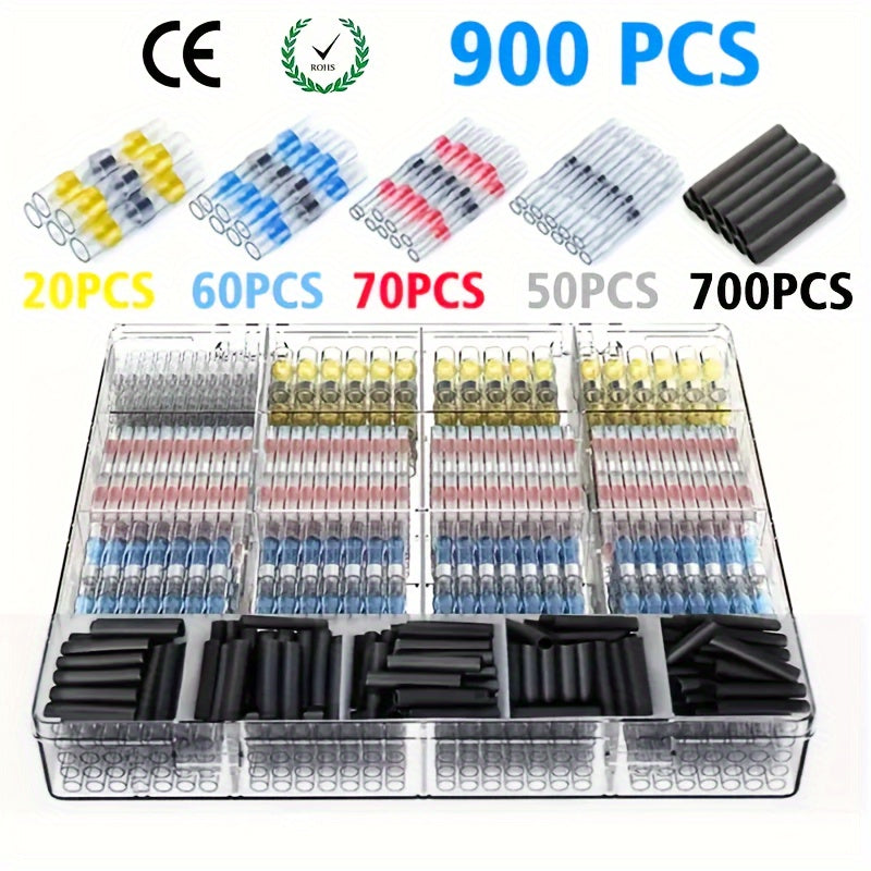 900-Piece Electrical Terminals Kit – Butt Splices Solder Seal Wire Connectors & Tube Sleeves for Boats Vehicles & Motorcycles