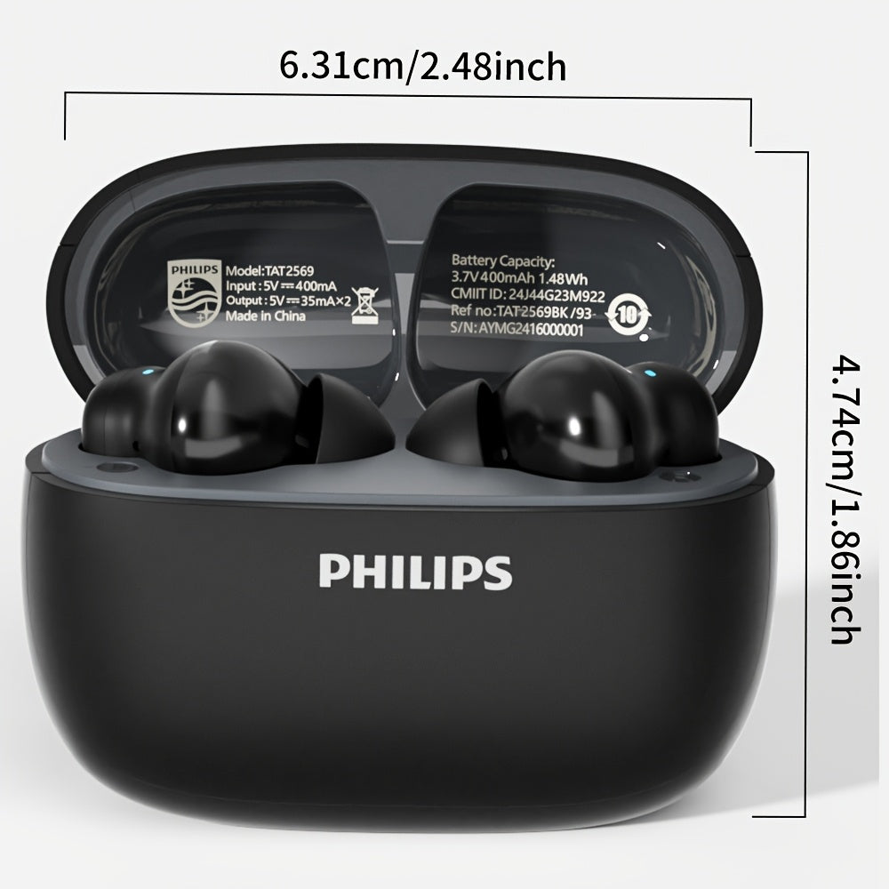 Philips TAT2569 Active Noise Canceling Wireless Earbuds - Bluetooth 5.4, 18H Playtime, Dual Beamforming Mics, Touch Control, Secure Sport Fit, Type-C Charging, iPhone & Android - Black, White & Blue