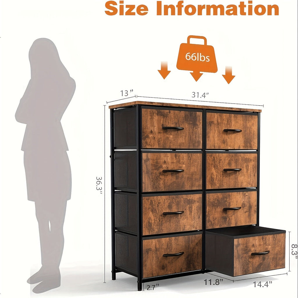 8-Drawer Dresser & Chest of Drawers - Fabric Storage Tower with Wood Top & Thickened Frame for Bedroom, Living Room & Hallway - Rustic, Black & White