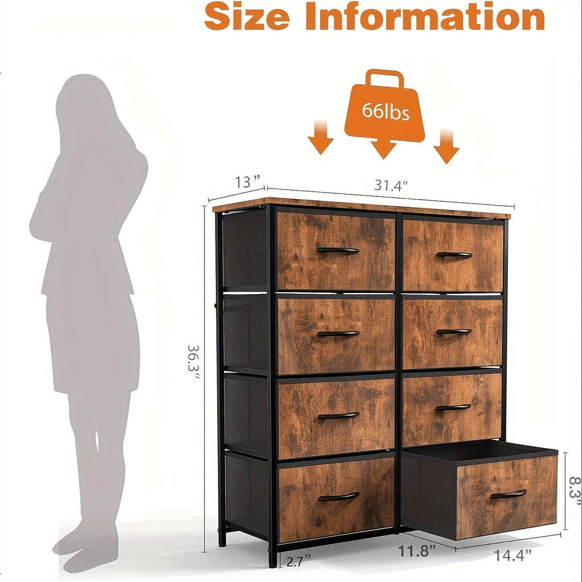 8-Drawer Dresser & Chest of Drawers - Fabric Storage Tower with Wood Top & Thickened Frame for Bedroom, Living Room & Hallway - Rustic, Black & White