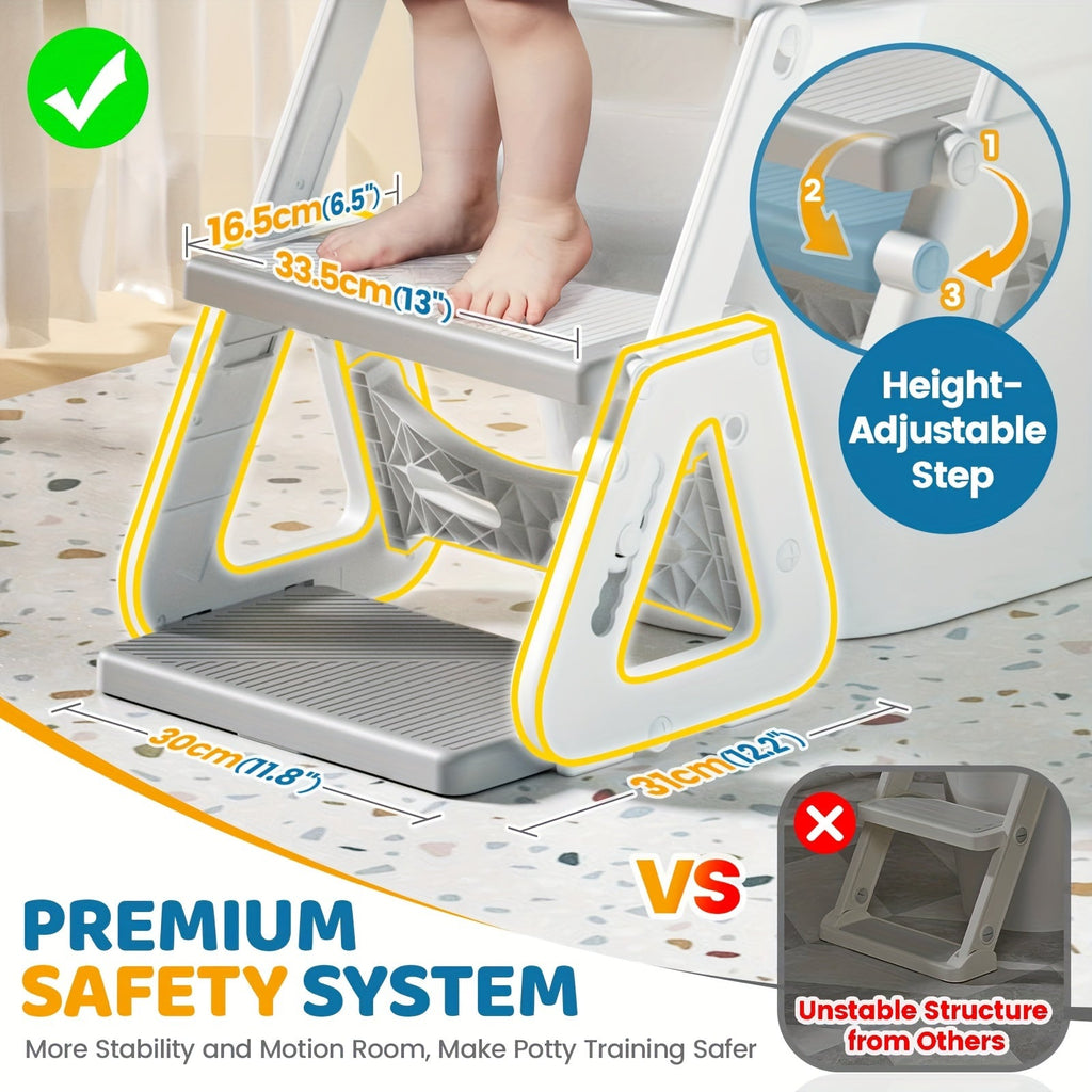 2-in-1 Adjustable Potty Training Toilet Seat with Step Stool for Toddlers, Stable Anti-Slip Potty Seat with Splash Guard for Boys & Girls, Grey White Green & Blue Options