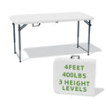 Folding Table 4 Foot Heavy Duty 400 LBS Capacity – 3-Position Adjustable Height Portable Fold-in-Half Table for Camping Party Indoor Outdoor Use 1 or 2 Pack