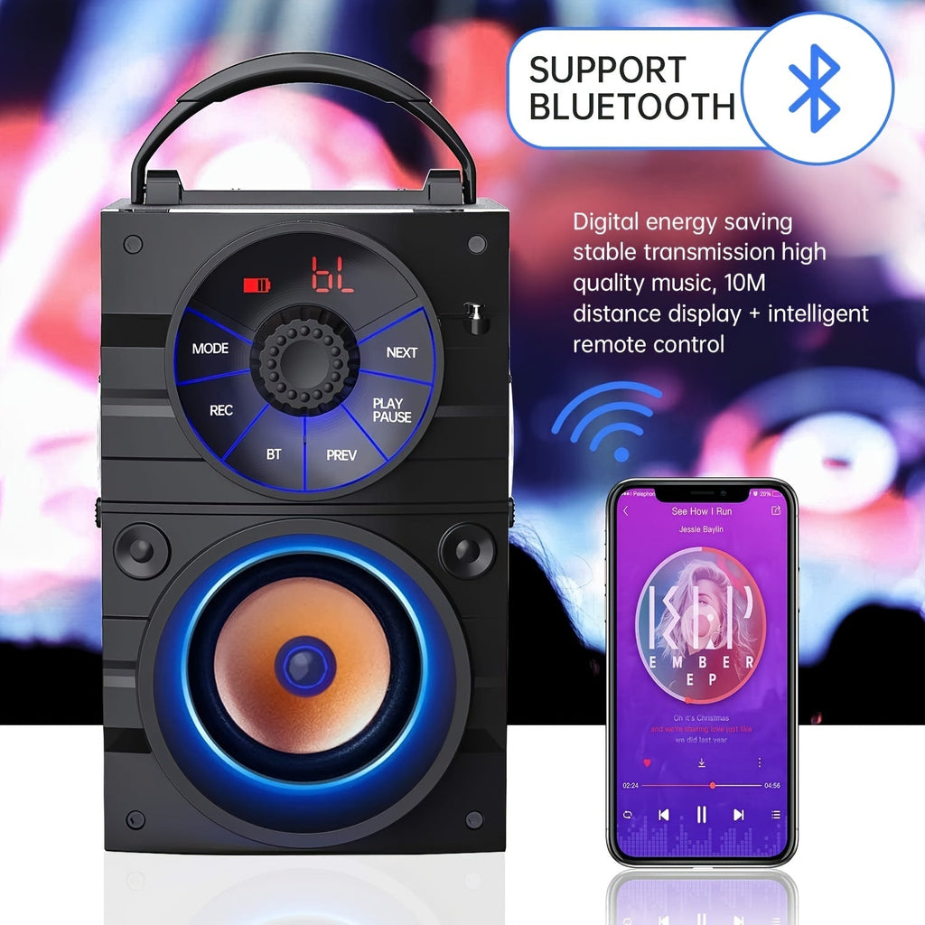 Portable Wireless Party Speaker with Subwoofer & Heavy Bass – Bluetooth FM Radio Remote Control LCD Display for Outdoor Indoor Home Phone PC