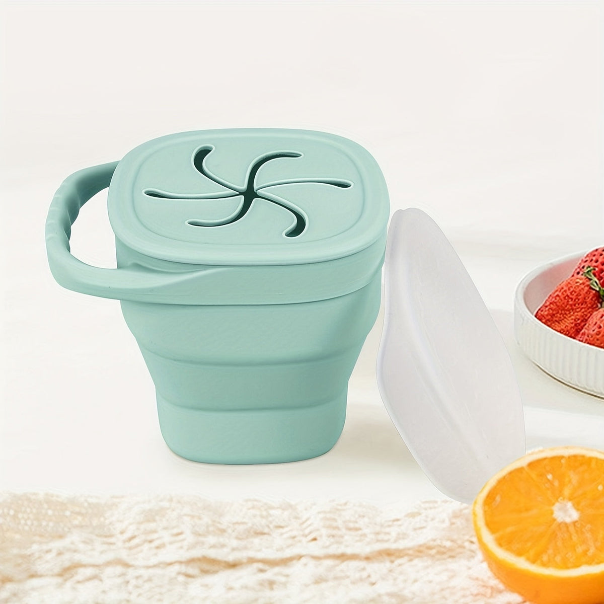TYRY.HU Collapsible Silicone Snack Container for Kids, Space-Saving Food-Grade Portable Snack Cup with Dustproof Lid, Dishwasher Safe, 3 Colors Including Pink Green & Beige