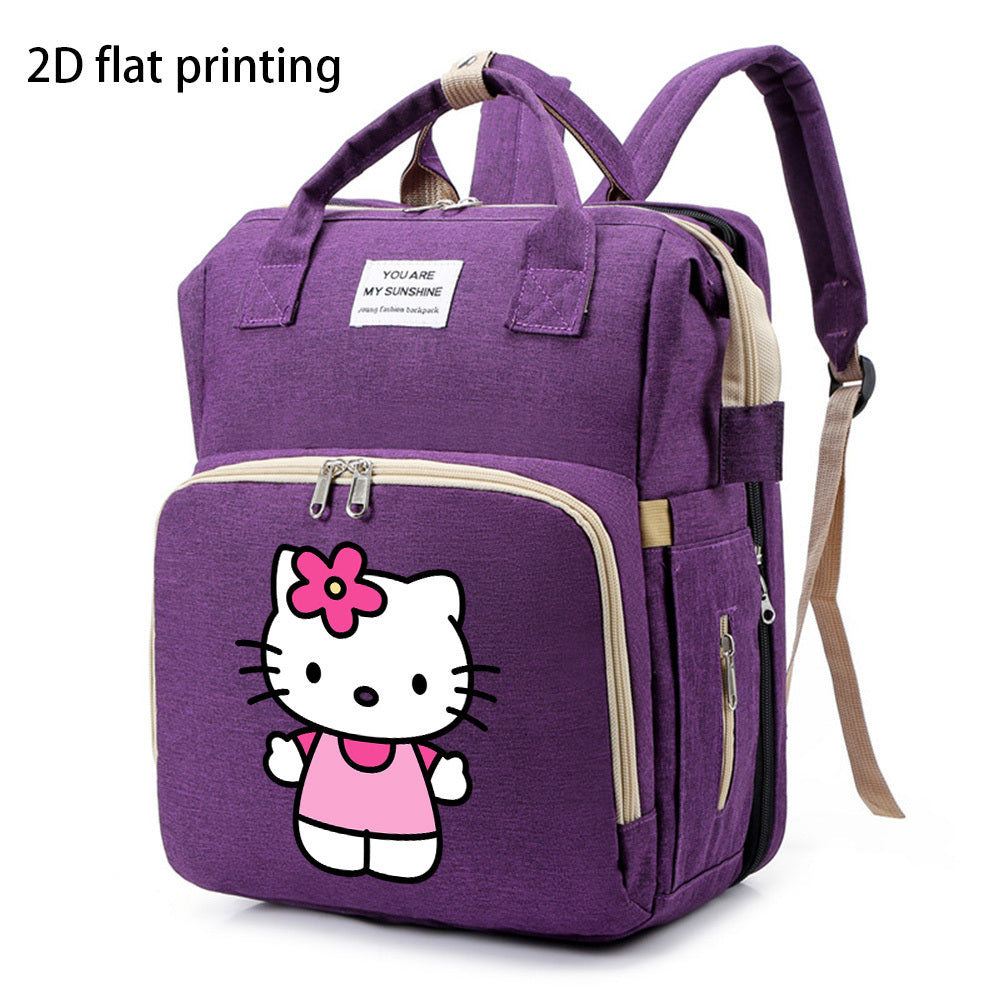 Cute Cartoon Kitty Print Large Capacity Diaper Backpack with Changing Station, Portable Mommy Baby Bag for Travel & Daily Outings, Purple Black & Grey, Halloween Thanksgiving Gift