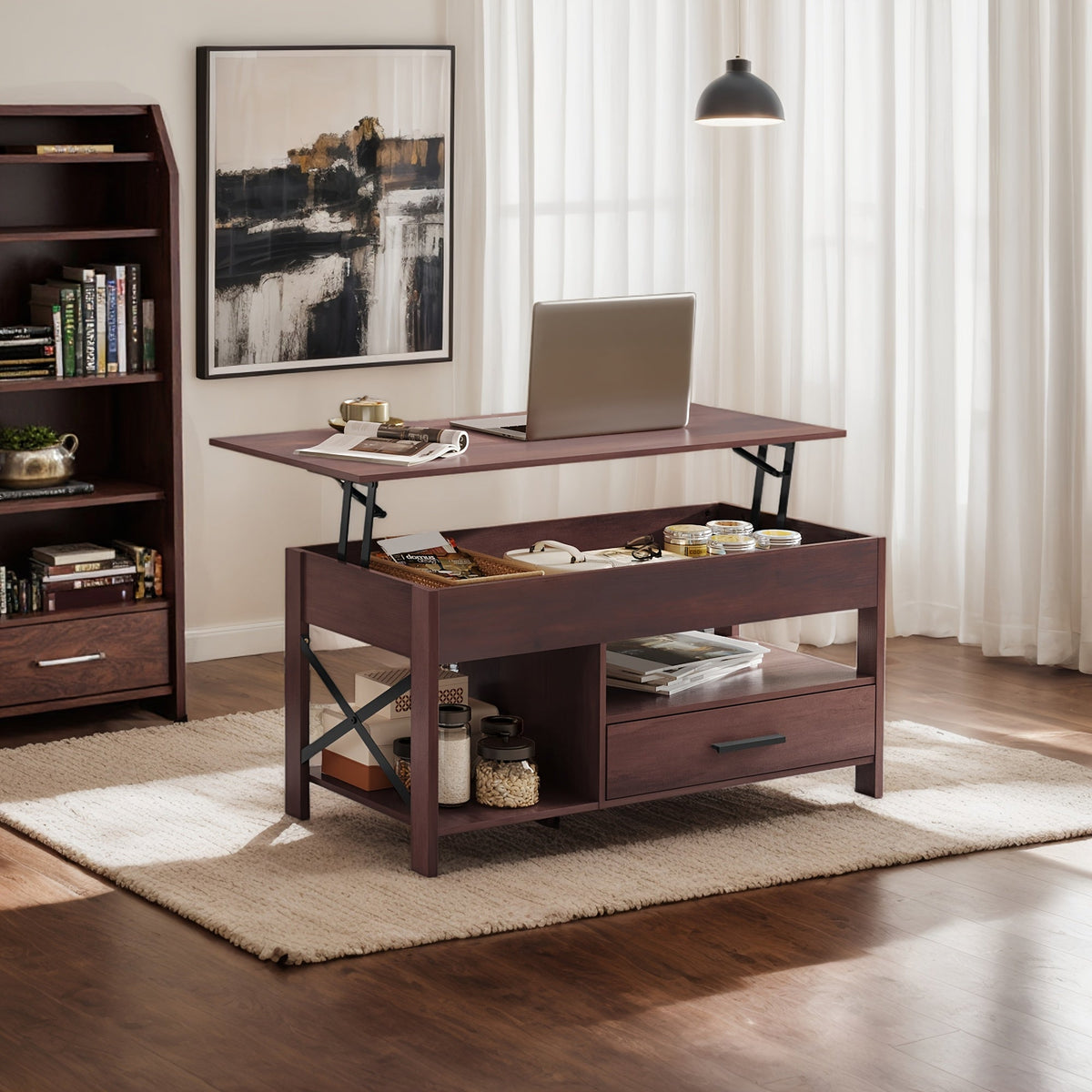 Lift Top Coffee Table with Storage Drawers & Hidden Compartment, Modern Wood HDF Space-Saving Adjustable Lift Top Table for Living Room Reception Room, Rustic Brown Greige Espresso