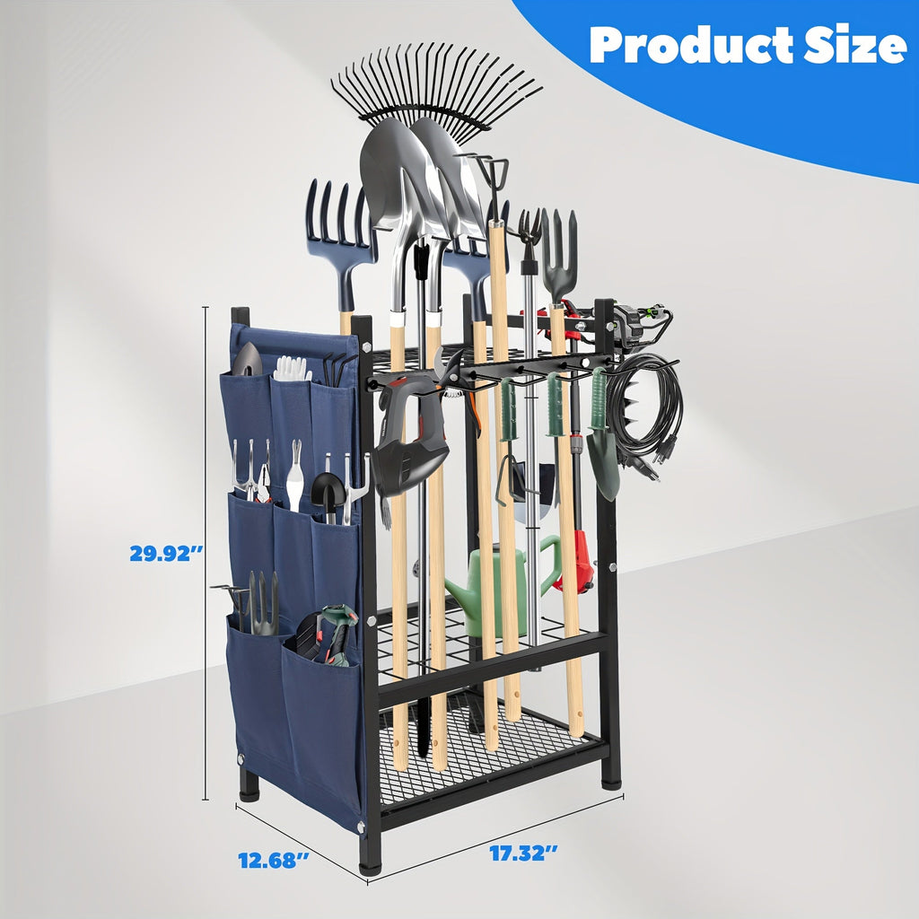 Metal Garden Tool Organizer Rack with Storage Bag - Holds 35 Long-Handled Tools - Broom, Shovel & Rake Holder - Heavy-Duty Garage, Outdoor & Yard Storage - Black