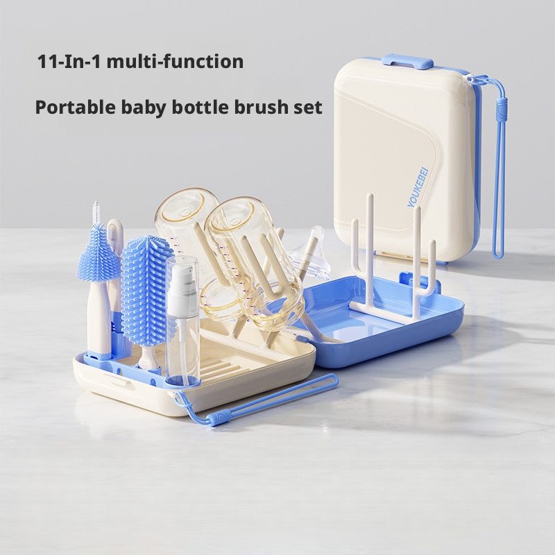 11-in-1 Multifunctional Baby Bottle Brush Cleaning Kit, Portable Travel Set with Nipple Brush, Foldable Stand & Draining Rack for Bottles, 5 Colors
