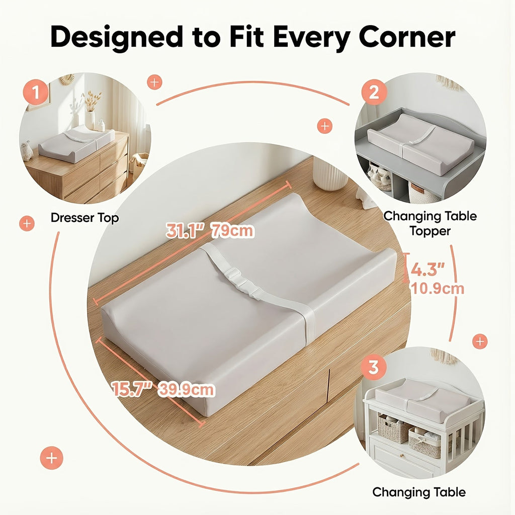 PASAMIC Secure Grip Baby Diaper Changing Pad for Dresser, Waterproof & Wipeable Contoured Changing Pad, Standard Size 15.74 x 31.1 Inch, Non-Slip Baby Changing Mat for Dresser Top, Grey, Beige & Pink