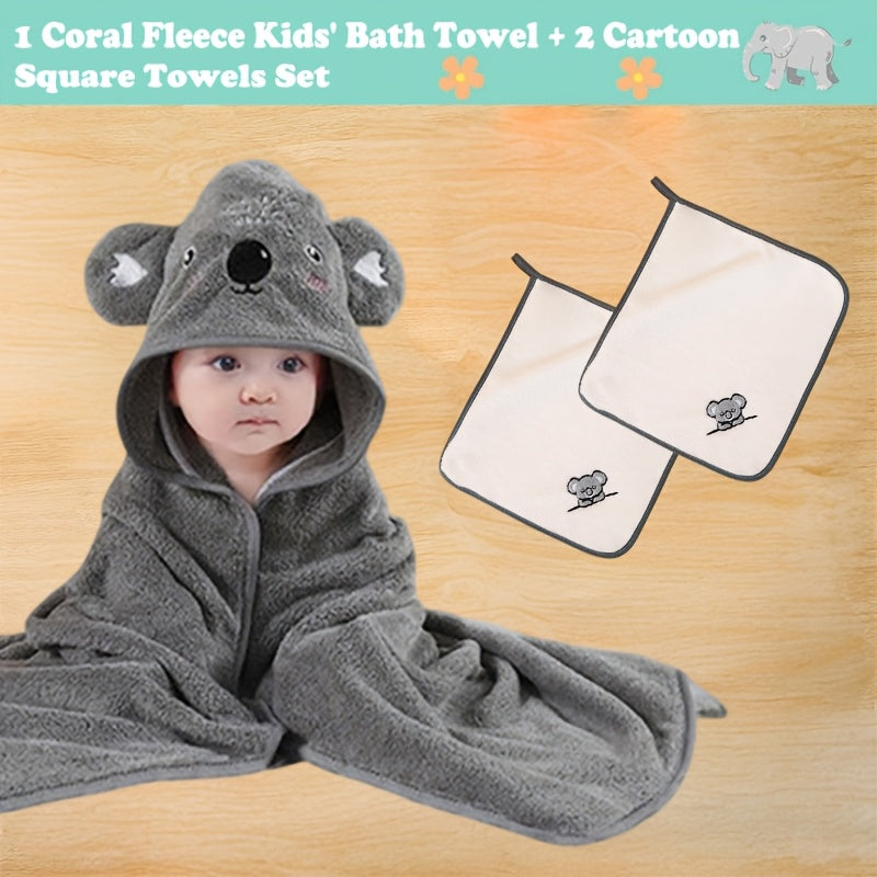 Baby Hooded Bath Towel 3-Piece Set, 1 Soft Absorbent Hooded Towel + 2 Cartoon Hand Towels, Non-Shedding Infant Bath Set, 7 Cute Animal Designs Including Duck Elk Koala Panda Rabbit Dinosaur & Penguin