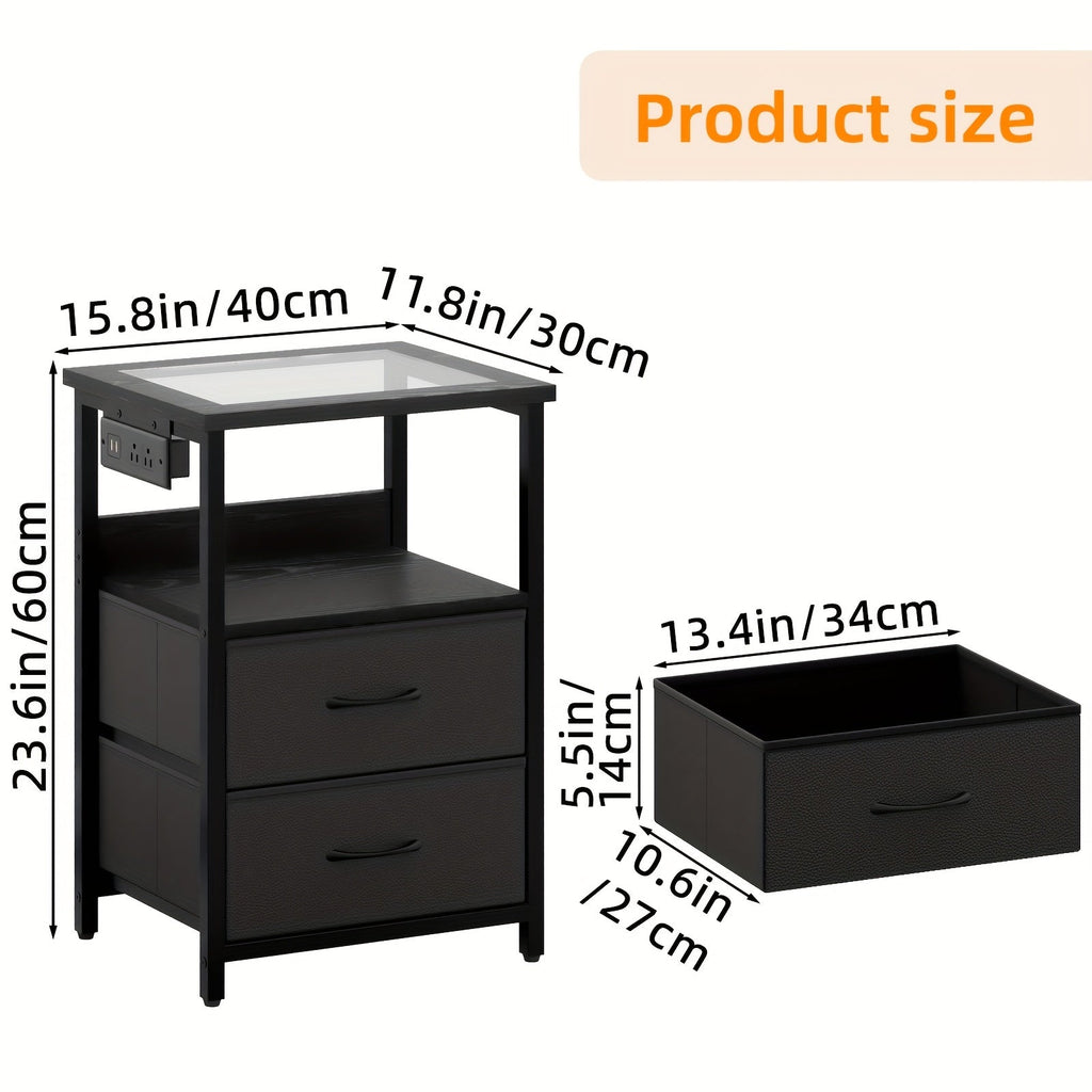 TOMNK Nightstand with Glass Tabletop LED Light & Charging Station 2 or 3 Fabric Drawers PU Finish Display Stand for Bedroom & Living Room – Black White Brown