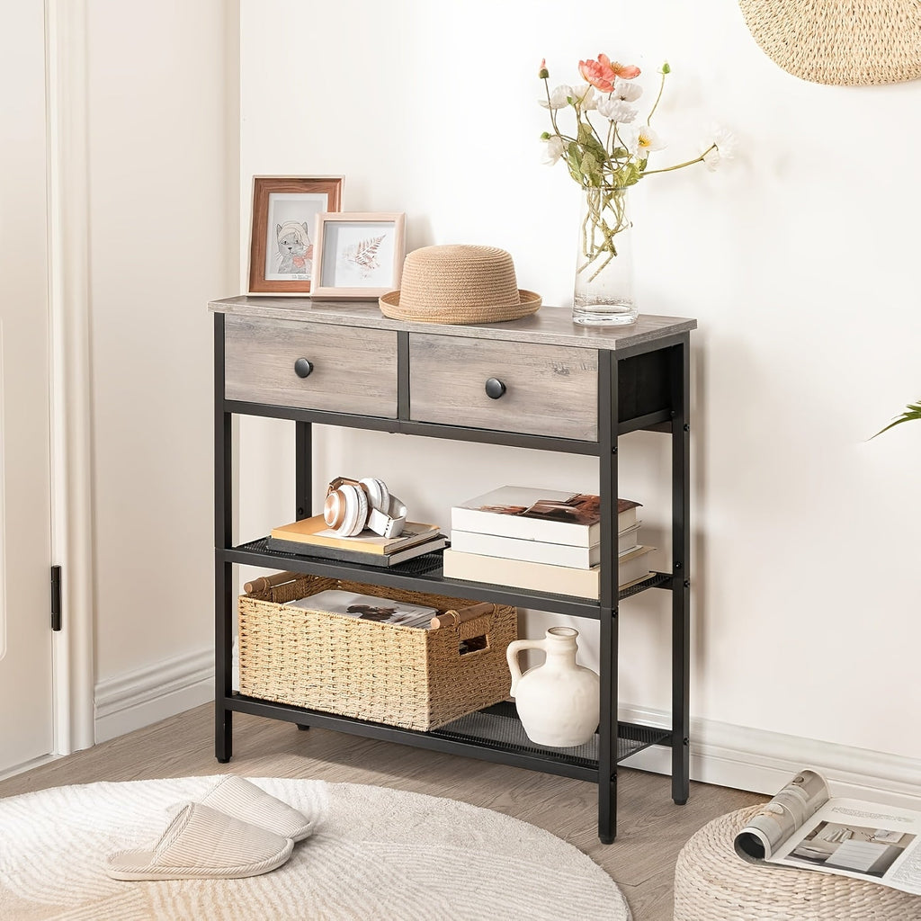 29.5 In Narrow Console Table 2 Fabric Drawers 3-Tier Storage Shelves Sofa Table & Entryway Desk for Living Room & Hallway – Rustic Brown Black Gray