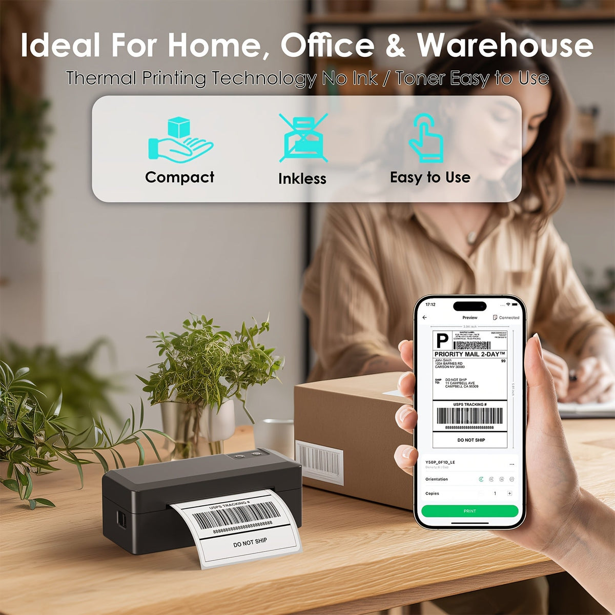 T53 Wireless 4x6 Thermal Label Printer - Compact Desktop, No Ink, iPhone/Android/Windows Compatible - Shipping, Mailing & Small Business Home Office - Black