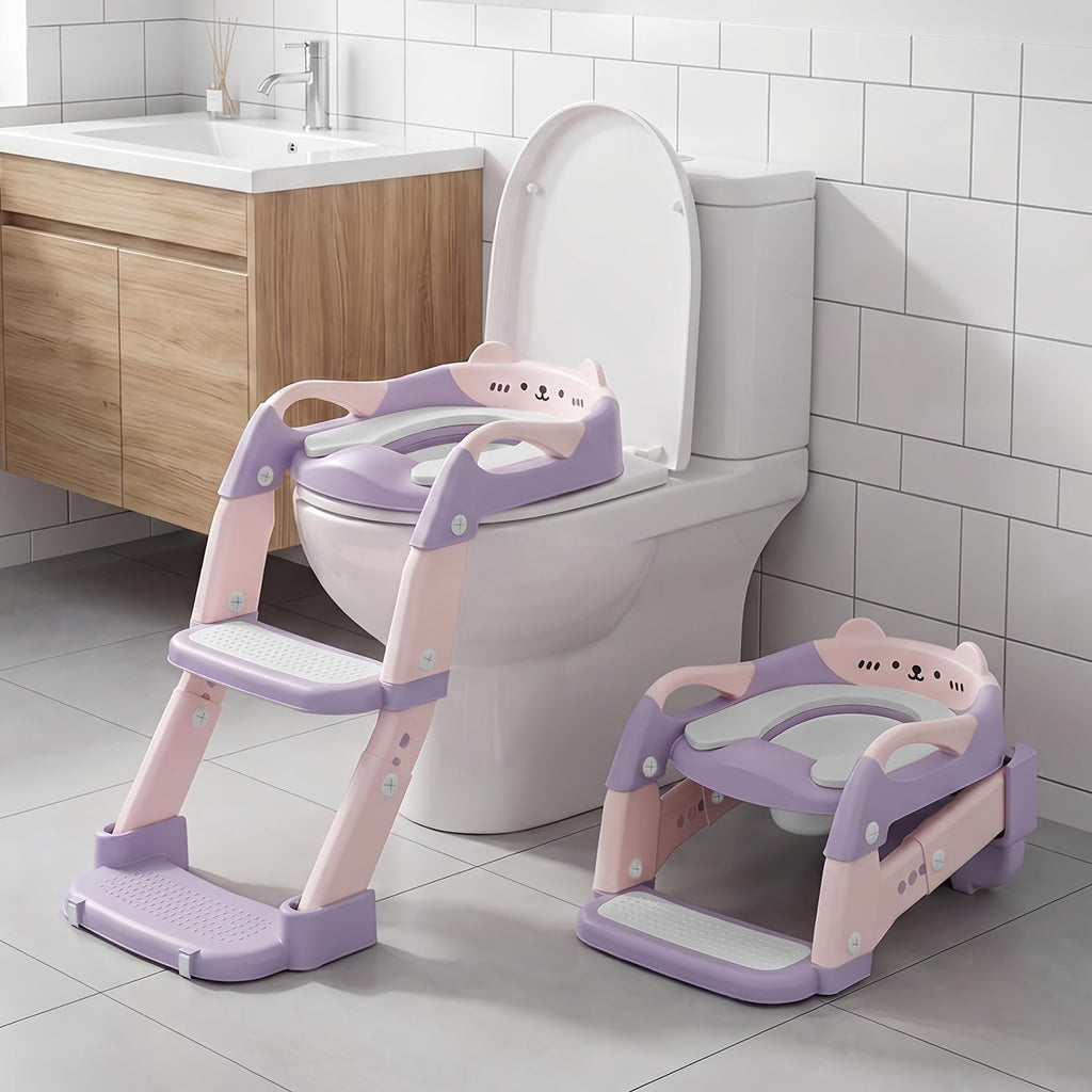 3-in-1 Potty Training Seat, Training Toilet & Potty Chair for Toddlers, Height Adjustable Foldable with Splash Guard & Anti-Slip Steps for Boys & Girls, 4 Colors Including Purple Green Grey & Blue