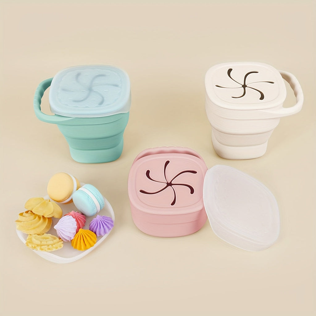 TYRY.HU Collapsible Silicone Snack Container for Kids, Space-Saving Food-Grade Portable Snack Cup with Dustproof Lid, Dishwasher Safe, 3 Colors Including Pink Green & Beige