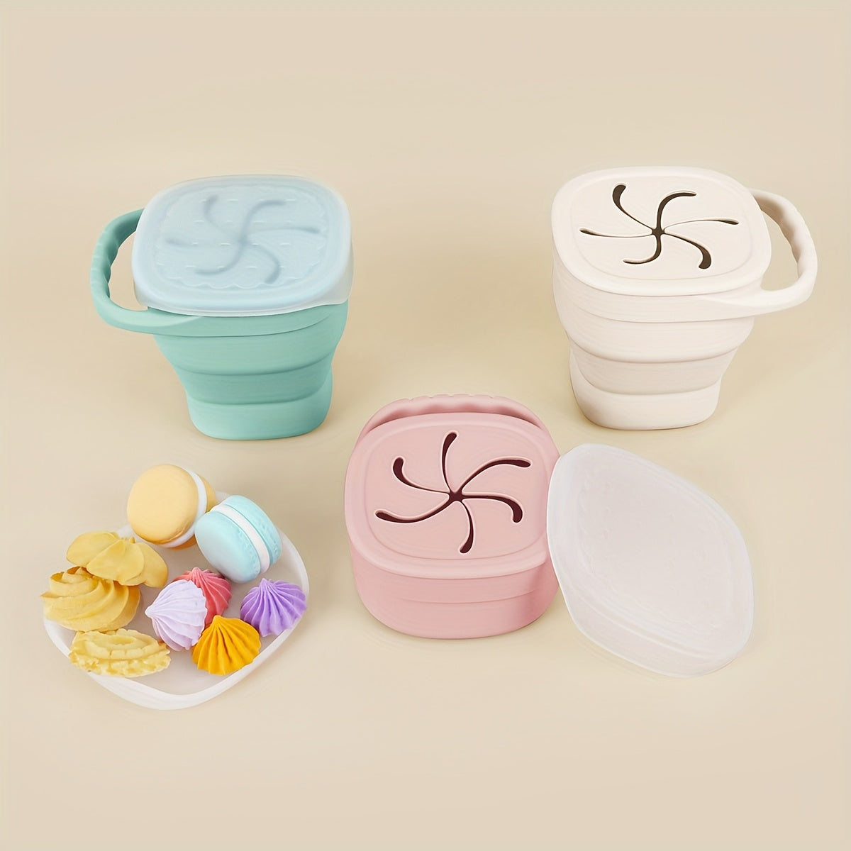TYRY.HU Collapsible Silicone Snack Container for Kids, Space-Saving Food-Grade Portable Snack Cup with Dustproof Lid, Dishwasher Safe, 3 Colors Including Pink Green & Beige