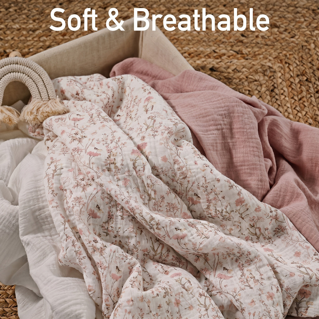 2-Pack Large Muslin Receiving Baby Blanket 38"x40", Soft Breathable Unisex Swaddle Blankets for Newborn Boys & Girls, Pink Green & Blue