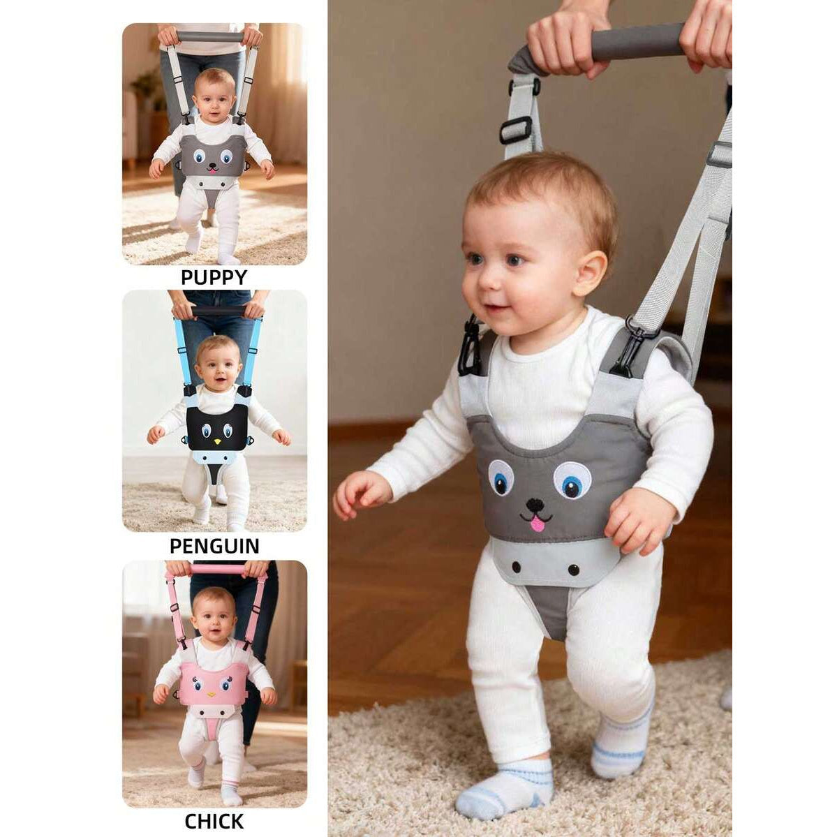 Handheld Infant Walking Support Belt, Toddler Walker Aid with Penguin Print for Ages 6-36 Months, One-Size Walking Assistance Belt for Baby Boys & Girls, Pink Blue & Grey