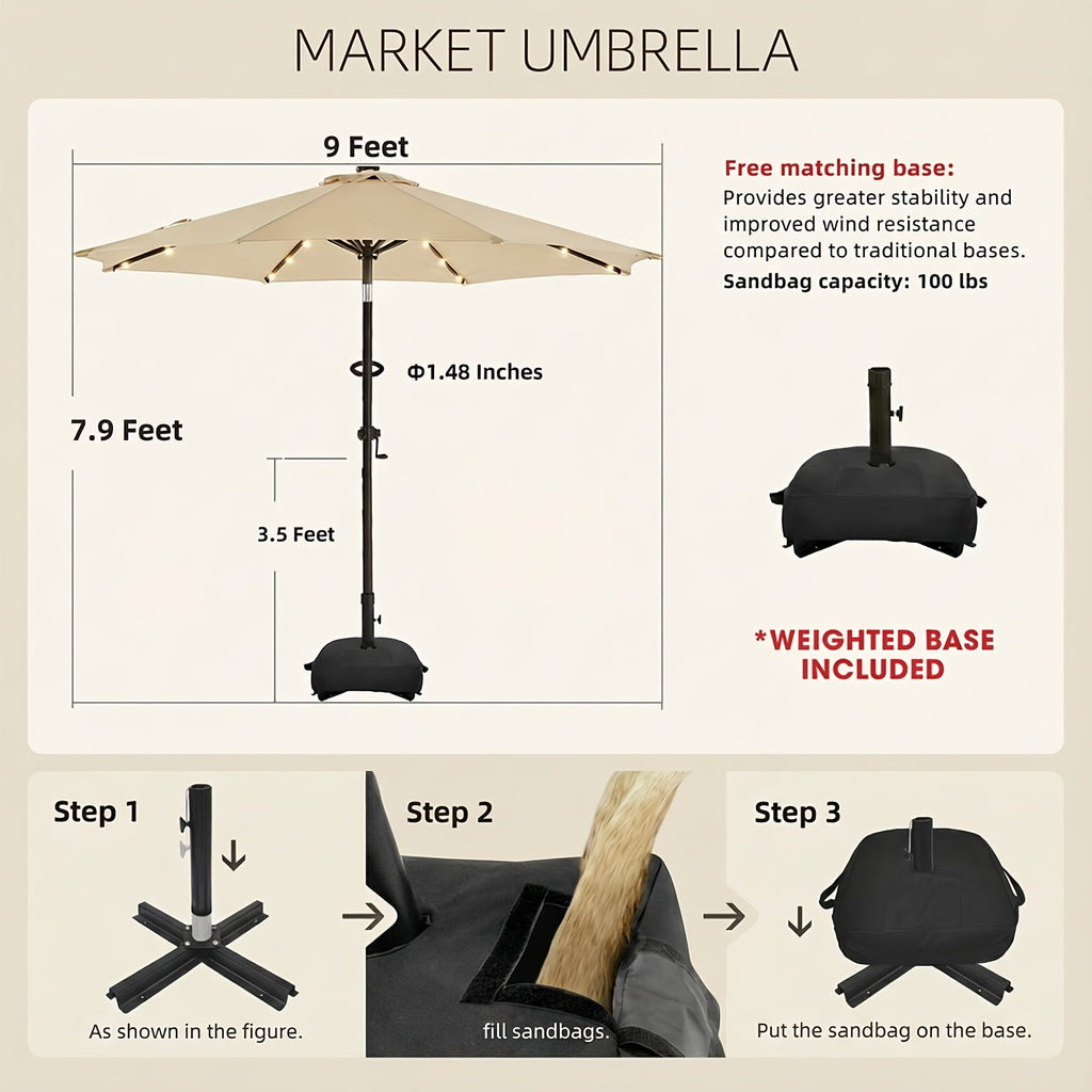 9ft Solar LED Patio Umbrella with Base 32 LED Lights Steel Frame Ventilation Push-Button Tilt & Crank for Garden Deck Backyard & Pool – Brown