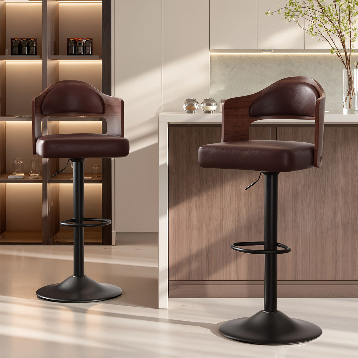 Swivel Bar Stools Set of 4 with PU Leather Upholstered Seat, Wooden Back & Footrest, Counter Height Bar Chairs for Kitchen Island and Dining Room, Black Brown Green White