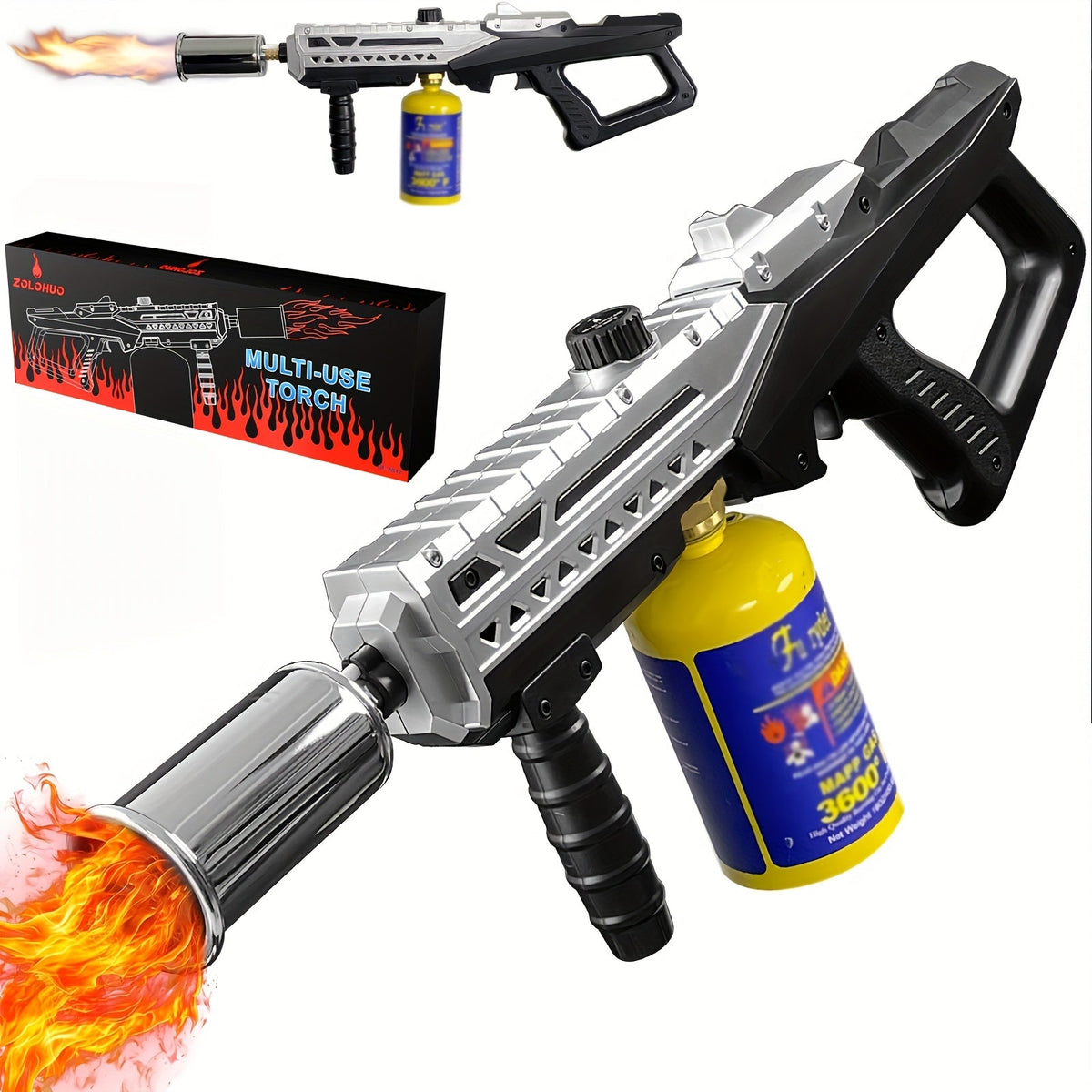 Propane Torch Gun - 800,000 BTU Adjustable Flamethrower for BBQ Searing, Charcoal Lighting, Camping, Weed Control & Fire Starting - Black & Silver (Propane Tank Not Included)