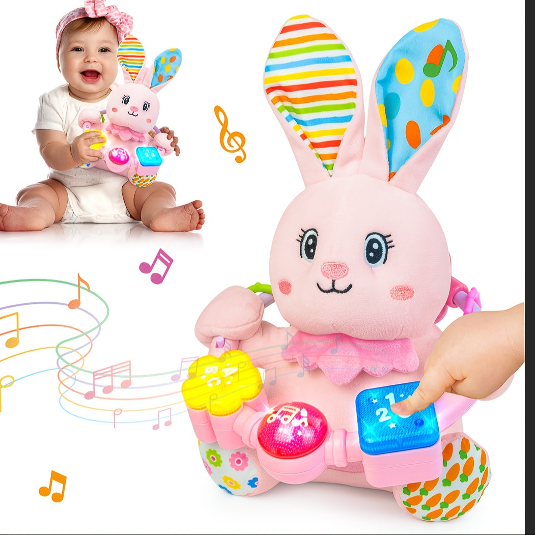 Baby Musical Plush Toy for 0-12 Months, Early Bilingual Learning Toy with Light Music & Squeak for Tummy Time, Blue Elephant Pink Elephant & Pink Bunny, Easter Christmas Birthday Gift for Baby Boys & Girls