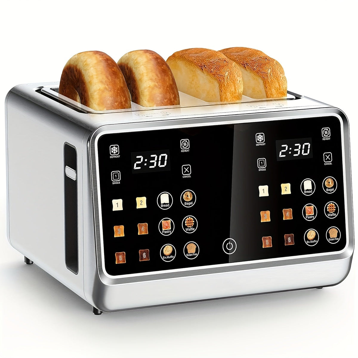 4-Slice Digital Smart Toaster Stainless Steel – Touchscreen Dual Control Panel with Timer Reheat & Defrost for Bagels Bread Waffles