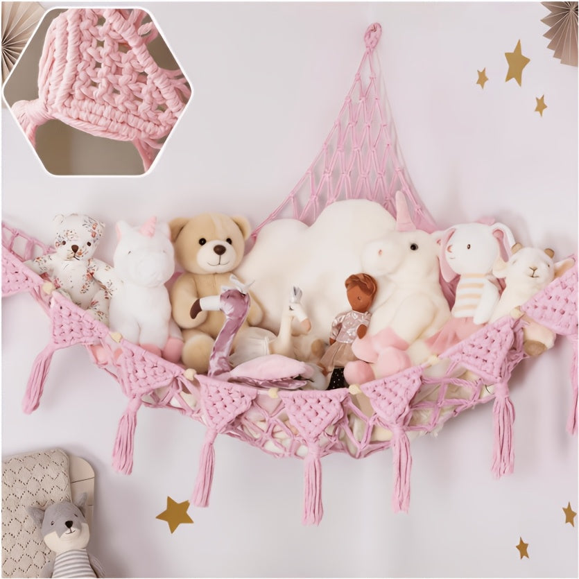 Macrame Stuffed Animal Storage Hammock, Jumbo Corner Hanging Plushie Net Organizer for Kids Nursery & Bedroom Decor, 9 Colors Including White Gray Pink Black & Rainbow