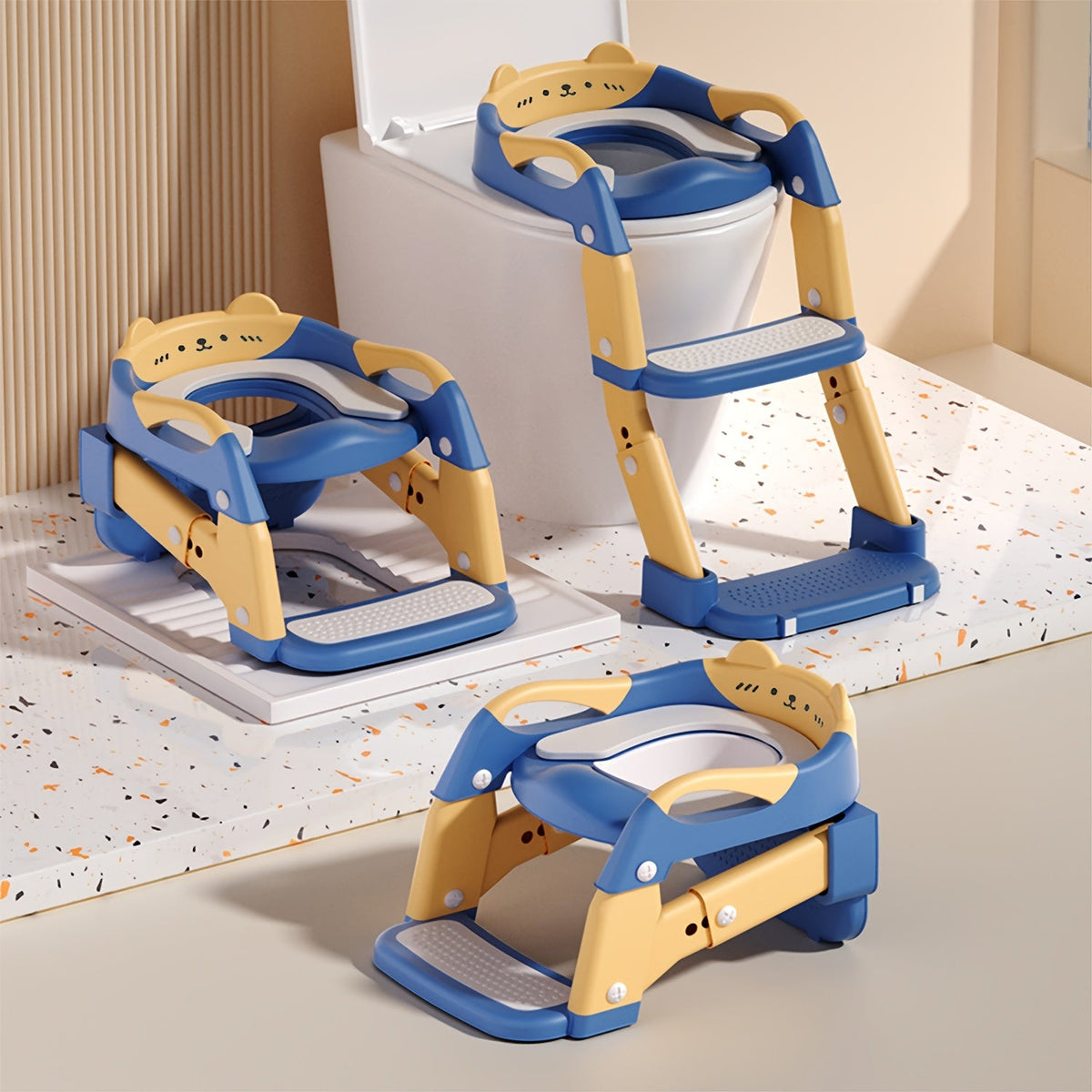 3-in-1 Potty Training Seat, Training Toilet & Potty Chair for Toddlers, Height Adjustable Foldable with Splash Guard & Anti-Slip Steps for Boys & Girls, 4 Colors Including Purple Green Grey & Blue