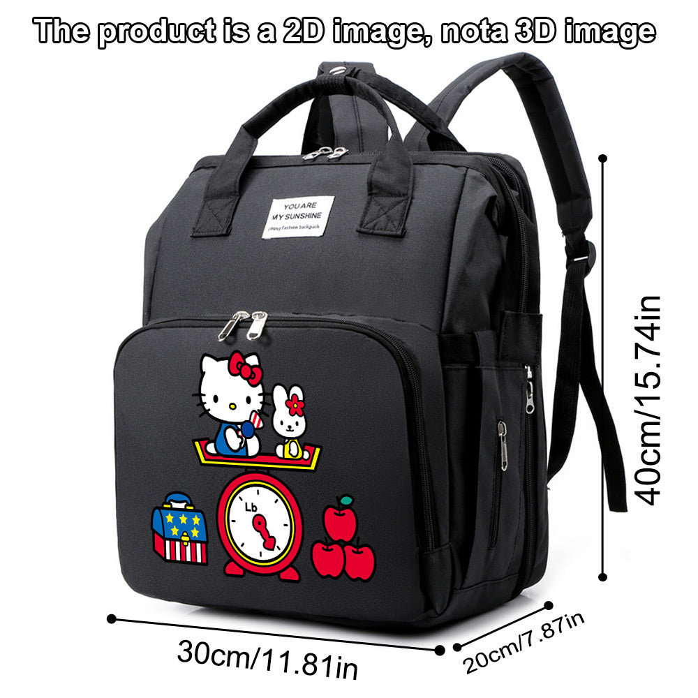 Cute Cartoon Kitty Print Diaper Backpack, Large Capacity Baby Bag for Travel & Daily Outing, Stylish Mom & Dad Baby Bag, Black Purple & Grey