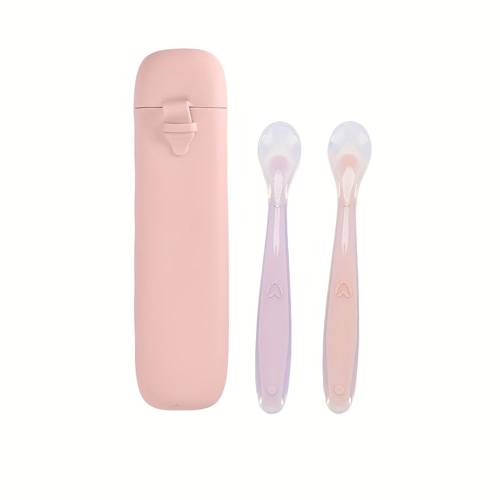3-Piece Silicone Kids Cutlery & Storage Box Set with Spoon, Portable Compact Feeding Tableware for Travel School & Daycare, BPA-Free Toddler Utensil Set in Bright Colors