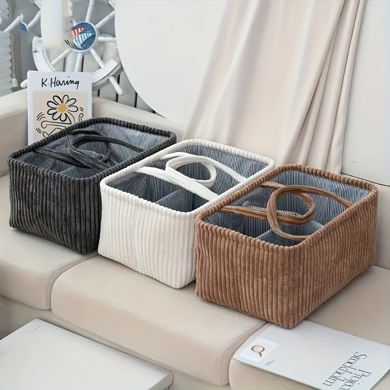 Foldable Multi-Pocket Diaper Bag & Storage Basket, Large Capacity Nursery Organizer with Compartments & Dividers for Clothes Toys & Outings, Corduroy Styles in Gray White & Brown